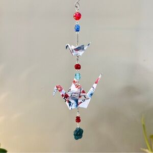 Origami Ornament #2379 - Double Mini/Small Crane with Glass Beads